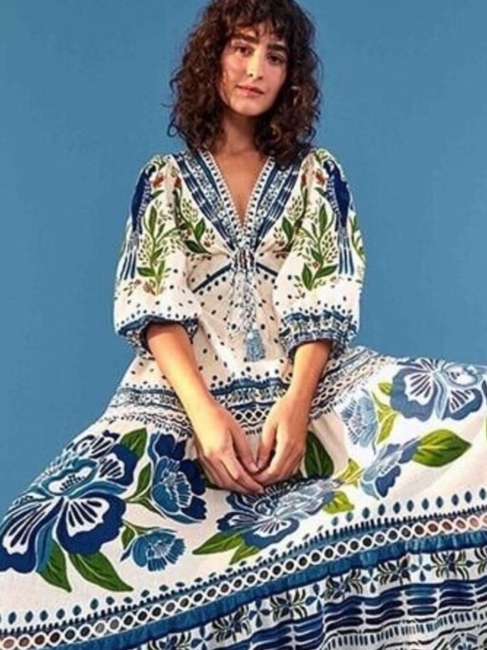 Farm Rio McCaw dress Boho Floral Maxi Dress in Blue and Green
